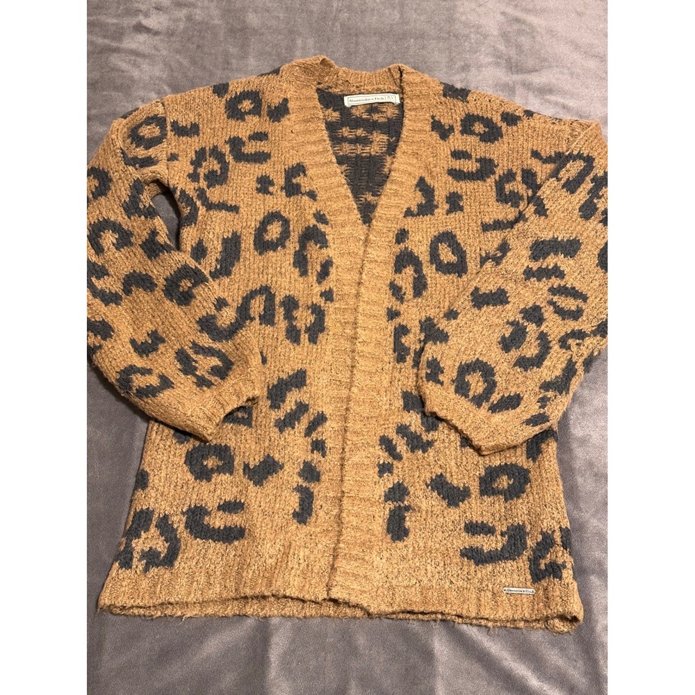 Abercrombie & Fitch Leopard Print Open Front Cardigan Sweater Tan Black XS